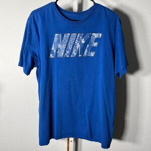 Nike Tee Athletic Cut Blue with Text Logo Graphic Tee T-Shirt SZ XL